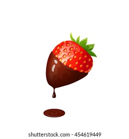 Vector illustration of ripe red strawberry dipped in dark chocolate