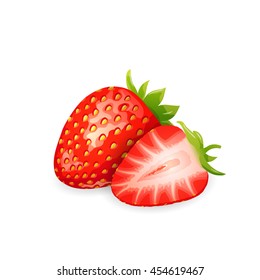 Vector illustration of ripe red strawberry with green leaves and one slice