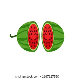 Dibujo vectorial de un logotipo de sandía roja madura, cortado por la mitad con carnes rojas y marcas de mordedura. Patrón de sandía de los alimentos dulces naturales.