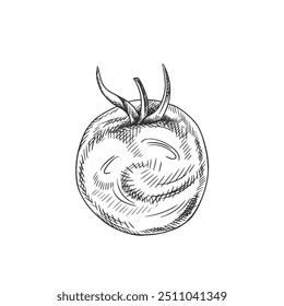 Ilustração vetorial de um tomate maduro. Legumes frescos orgânicos, colheita saudável. Ingredientes para cozinhar, produtos agrícolas. Mão desenhada em estilo de arte em linha pintada com tinta preta em plano de fundo isolado