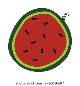 Ilustração vetorial de melancia madura. Vista de cima da metade redonda da fruta vermelha. Design para comida de verão, menu de restaurante sazonal