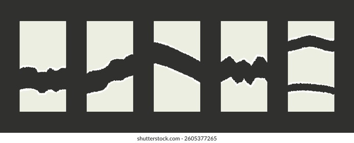 Vector illustration of ripped paper, torn memo pieces, and scraps in a collage style on a dark background. Realistic texture for notebook, note, and design projects.