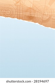 Vector illustration of a ripped ripped squarepaper with technical background, blue&yellow pattern.