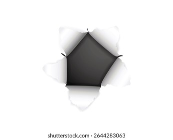 Vector illustration of a ripped and torn paper hole on a clean white background, ideal for realistic stationery effects, note mockups, or transparent tear visuals