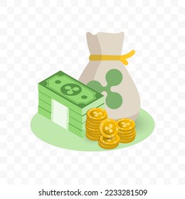 Vector illustration of Ripple currency. Random pattern of banknotes and coins in green and gold colors on transparent background (PNG). 