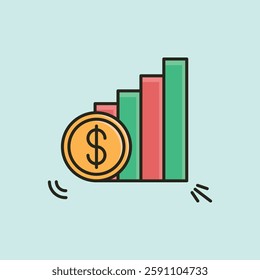 A vector illustration of a rising bar chart with green and red bars and a gold dollar coin, representing business growth, financial success, and investment gains.