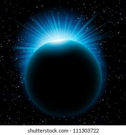 Vector illustration of rising blue sun over the planet