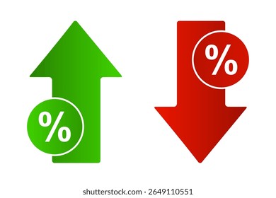 Vector illustration of rising green and falling red arrows with percentage symbols, symbolizing financial growth and decline. Perfect for market infographics, reports, and business dashboards