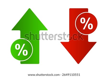 Vector illustration of rising green and falling red arrows with percentage symbols, symbolizing financial growth and decline. Perfect for market infographics, reports, and business dashboards