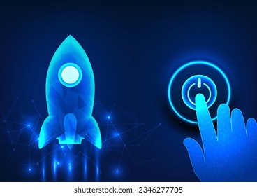 Vector illustration of a rising rocket with a hand pushing a start button. Technology concepts that are rapidly evolving with the ability of human beings.