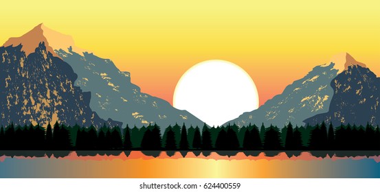 Vector illustration of rising sun over mountain peaks and forest in the valley, sunlight reflection on the lake nature, landscape