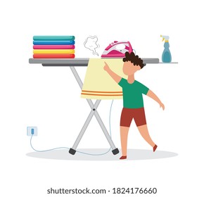 Vector illustration of the risk of an accident with a child and a hot iron. A little boy touches a hot steam iron. Risk of burn, careless handling of electrical appliances.