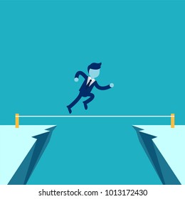 Vector illustration. Risk challenge in business concept. Businessman running on balancing tight rope. Conquering adversity problems solution