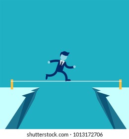 Vector illustration. Risk challenge in business concept. Businessman walking on balancing slackline rope. Conquering adversity problems solution