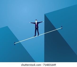 Vector illustration. Risk challenge in business concept. Businessman walking on balancing slackline rope. Conquering adversity problems solution