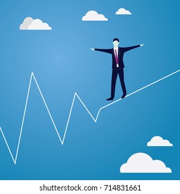 Vector illustration. Risk challenge in business concept. Businessman walking on balancing slackline rope. Conquering adversity problems solution