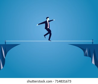 Vector illustration. Risk challenge in business concept. Businessman walking on balancing slackline rope. Conquering adversity problems solution