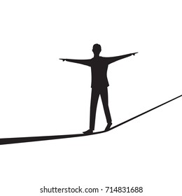 Vector illustration. Risk challenge in business concept. Businessman walking on balancing slackline rope. Conquering adversity problems solution