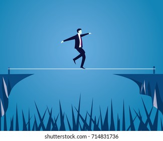 Vector illustration. Risk challenge in business concept. Businessman walking on balancing slackline rope. Conquering adversity problems solution