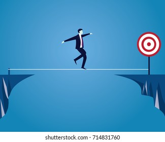 Vector illustration. Risk challenge in business concept. Businessman walking on balancing tight rope. Conquering adversity problems solution