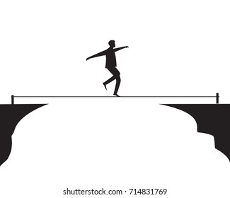 Vector illustration. Risk challenge in business concept. Businessman walking on balancing slackline rope. Conquering adversity problems solution