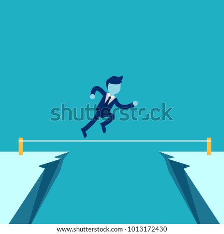 Vector illustration. Risk challenge in business concept. Businessman running on balancing tight rope. Conquering adversity problems solution