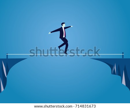 Vector illustration. Risk challenge in business concept. Businessman walking on balancing slackline rope. Conquering adversity problems solution