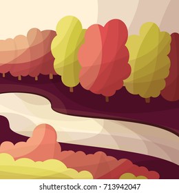 Vector illustration of a river among trees and bushes in autumn, landscape