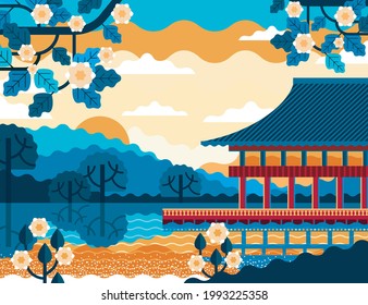Ilustración vectorial del río. El paisaje de los viajes marítimos de verano asiáticos. Hermosas vistas al amanecer con árboles, agua y montañas. Se puede usar para banner, postal, volante, afiche, tarjeta de regalo, portada. 