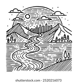 Vector illustration of a river flowing through mountains with a city skyline in the background. Isolated stock image perfect for nature, outdoor adventure, and travel-related designs in a minimalist 