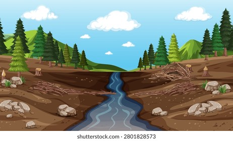 Vector illustration of a river flowing through a forest with beaver dams and stumps.