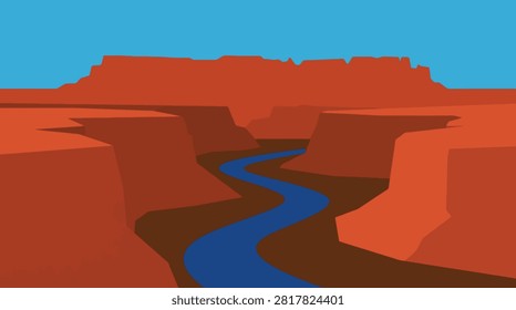 Vector illustration of a river flowing through a deep red canyon with landscape