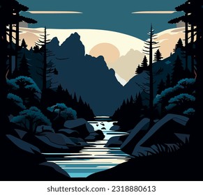 vector illustration of river and forest