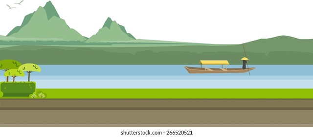 vector illustration of a river in the highlands of the beautiful nature on a sunny day