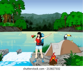 Vector Illustration River in Jungle Rainforest with Frog, Toucan and girl traveler with flowers