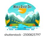 Vector Illustration of a River Landscape with Mountain Views, Green Fields, Trees, and Forests Surrounding the Rivers in a Flat Cartoon Background