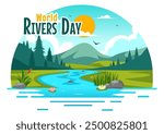 Vector Illustration of a River Landscape with Mountain Views, Green Fields, Trees, and Forests Surrounding the Rivers in a Flat Cartoon Background