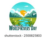 Vector Illustration of a River Landscape with Mountain Views, Green Fields, Trees, and Forests Surrounding the Rivers in a Flat Cartoon Background