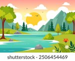 Vector Illustration of a River Landscape with Mountain Views, Green Fields, Trees, and Forests Surrounding the Rivers in a Flat Cartoon Background