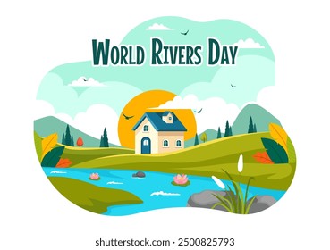 Vector Illustration of a River Landscape with Mountain Views, Green Fields, Trees, and Forests Surrounding the Rivers in a Flat Cartoon Background