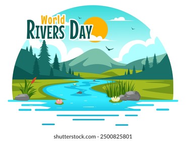 Vector Illustration of a River Landscape with Mountain Views, Green Fields, Trees, and Forests Surrounding the Rivers in a Flat Cartoon Background