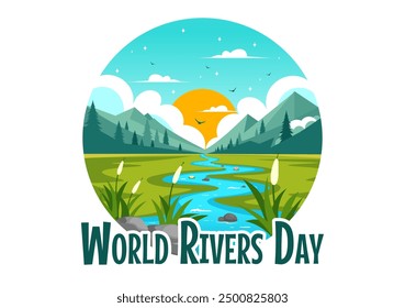 Vector Illustration of a River Landscape with Mountain Views, Green Fields, Trees, and Forests Surrounding the Rivers in a Flat Cartoon Background