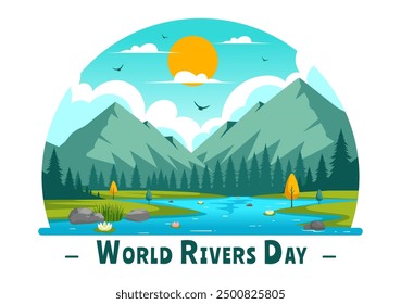 Vector Illustration of a River Landscape with Mountain Views, Green Fields, Trees, and Forests Surrounding the Rivers in a Flat Cartoon Background