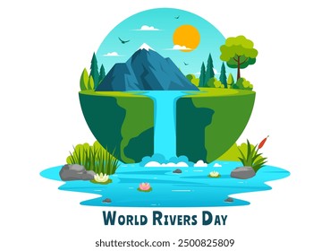 Vector Illustration of a River Landscape with Mountain Views, Green Fields, Trees, and Forests Surrounding the Rivers in a Flat Cartoon Background