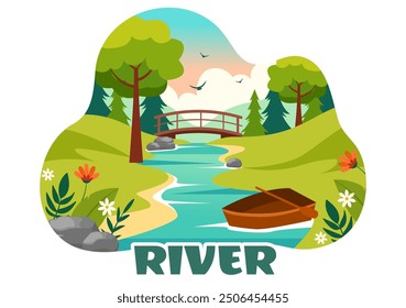 Vector Illustration of a River Landscape with Mountain Views, Green Fields, Trees, and Forests Surrounding the Rivers in a Flat Cartoon Background