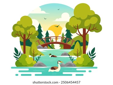 Vector Illustration of a River Landscape with Mountain Views, Green Fields, Trees, and Forests Surrounding the Rivers in a Flat Cartoon Background