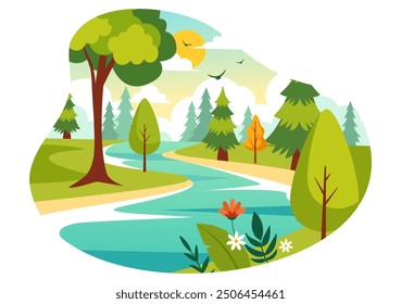 Vector Illustration of a River Landscape with Mountain Views, Green Fields, Trees, and Forests Surrounding the Rivers in a Flat Cartoon Background