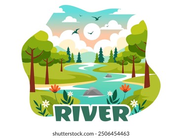 Vector Illustration of a River Landscape with Mountain Views, Green Fields, Trees, and Forests Surrounding the Rivers in a Flat Cartoon Background