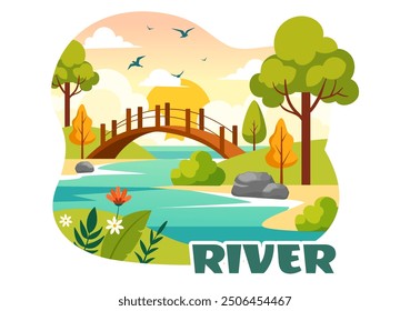 Vector Illustration of a River Landscape with Mountain Views, Green Fields, Trees, and Forests Surrounding the Rivers in a Flat Cartoon Background