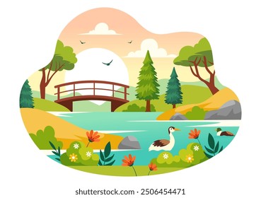 Vector Illustration of a River Landscape with Mountain Views, Green Fields, Trees, and Forests Surrounding the Rivers in a Flat Cartoon Background